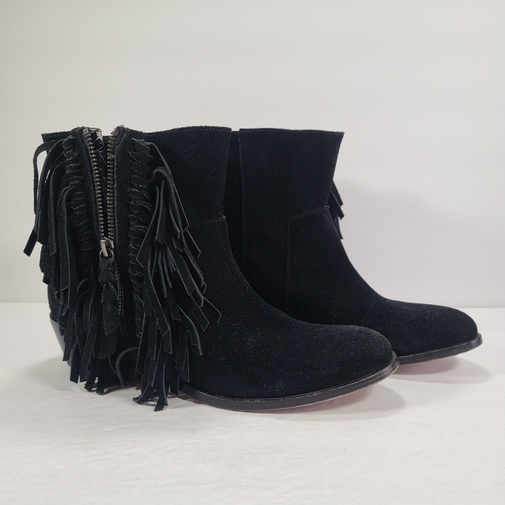 Cynthia Vincent Black Suede Snakeskin Nibble Fringe Booties Women Size 7.5